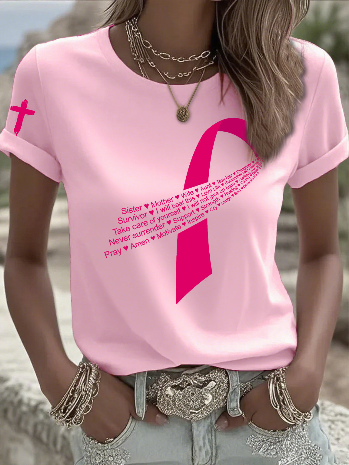 Women's Casual Pink Ribbon T-Shirt