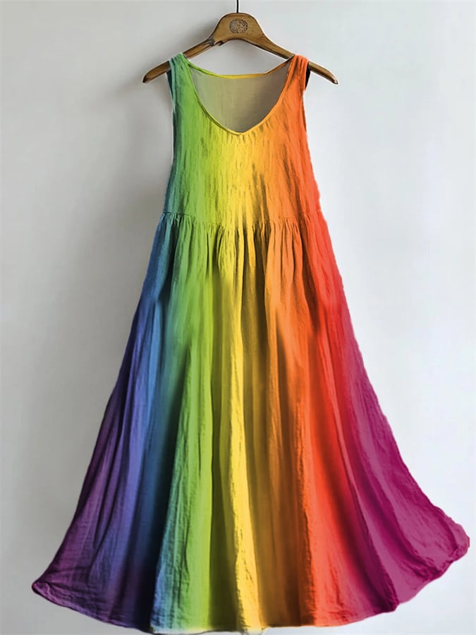 Women's Casual Cotton And Linen Rainbow Dress