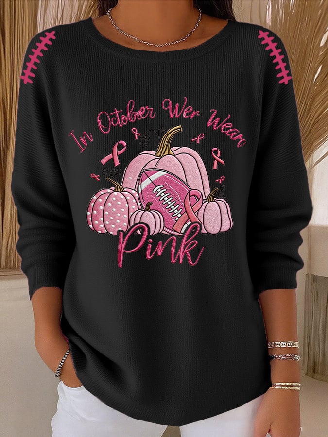 Women's Casual October We Wear Pink Pumpkin Rugby Texture Long Sleeve Top