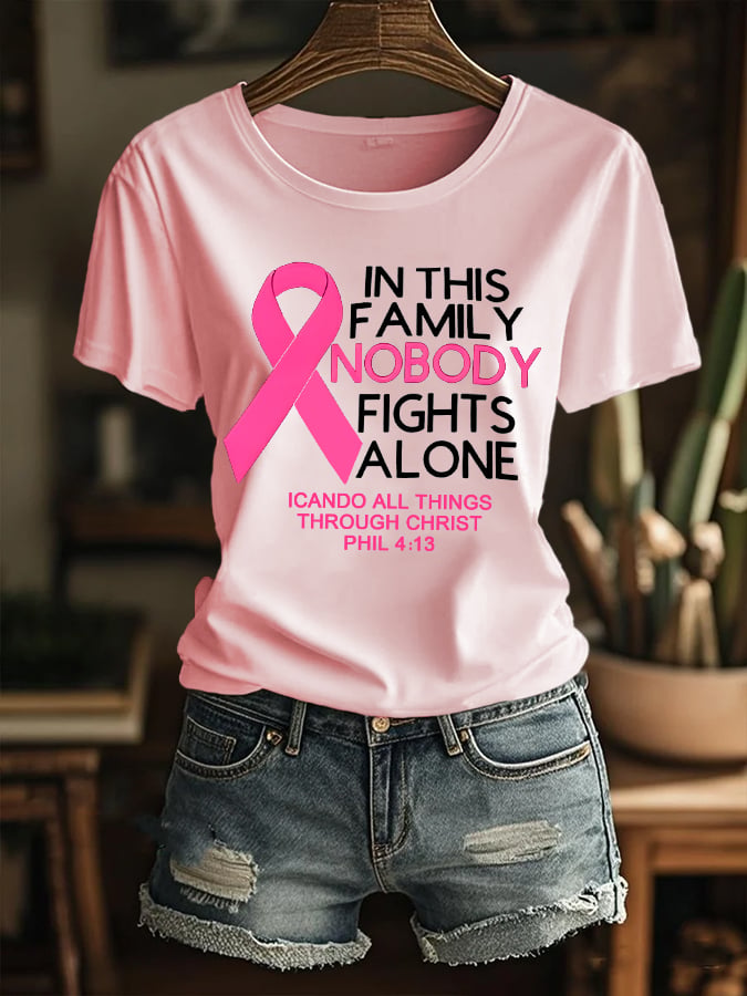 Women's Retro In This Family Nobody Fights Alone Breast Cancer Awareness Print T-Shirt