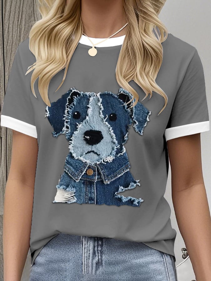 Women's Retro Funny Animal Dog Print Crew Neck T-Shirt