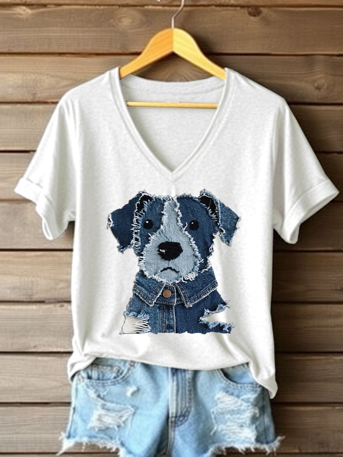 Women's Retro Funny  Animal Dog Print V-Neck T-Shirt