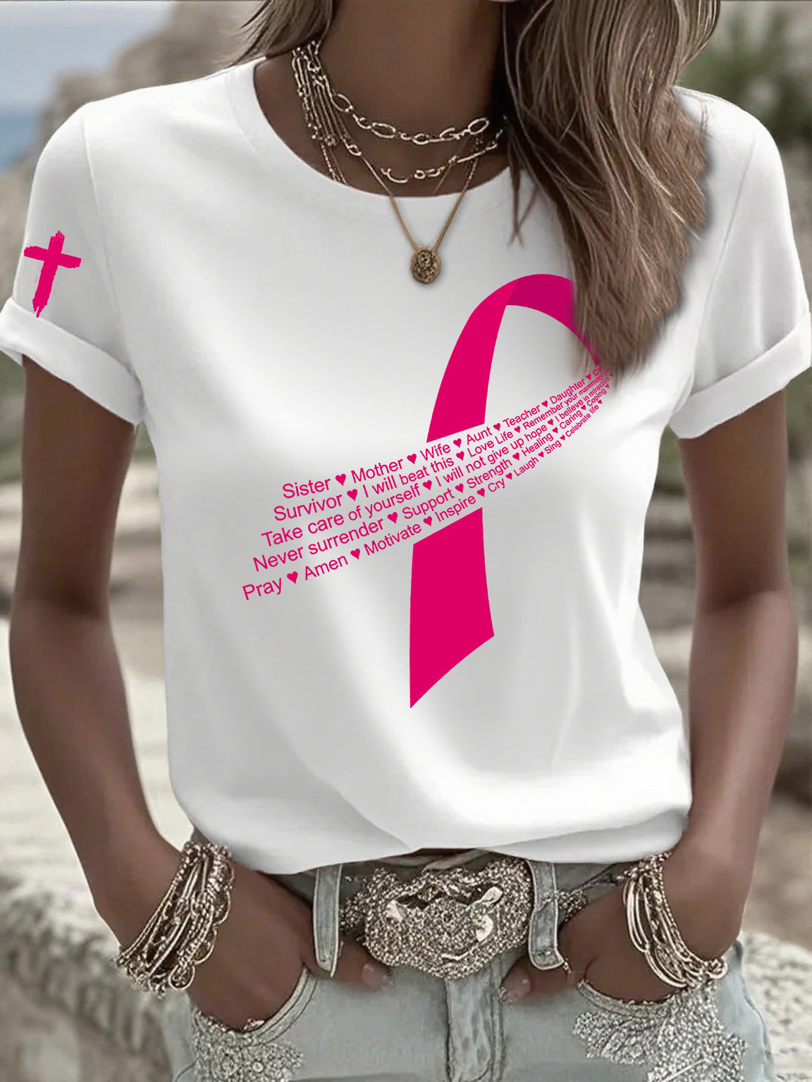 Women's Casual Pink Ribbon T-Shirt