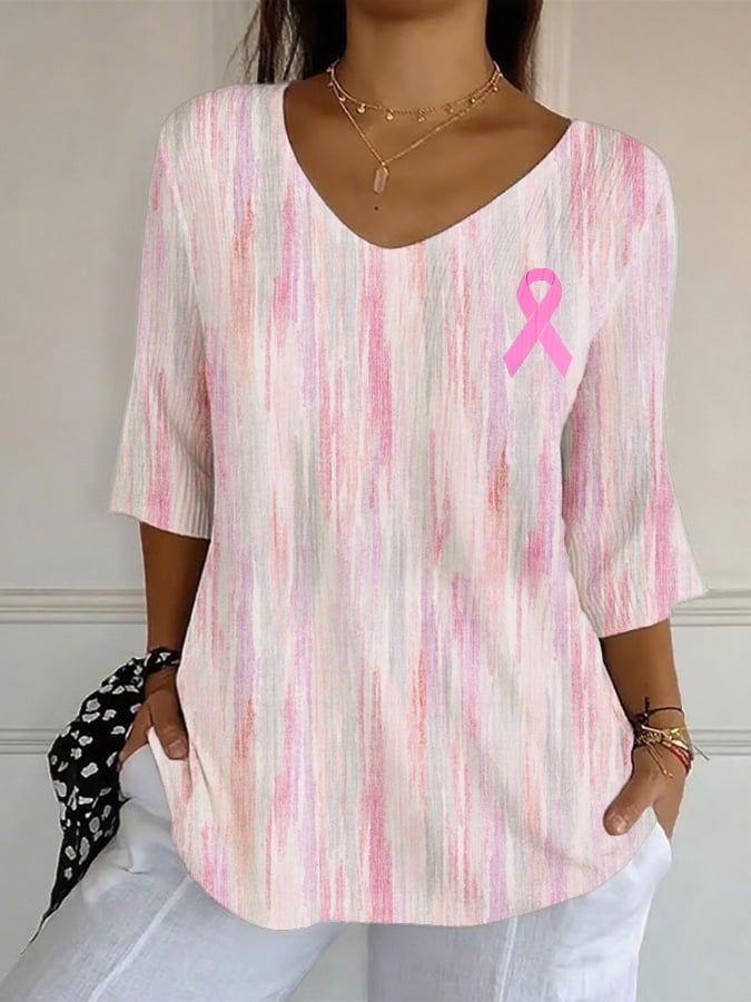 Women's Textured Striped Pink Ribbon Print Top