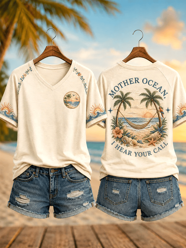 Women's Mother Ocean I Have Heard You Call Print V Neck T-Shirt