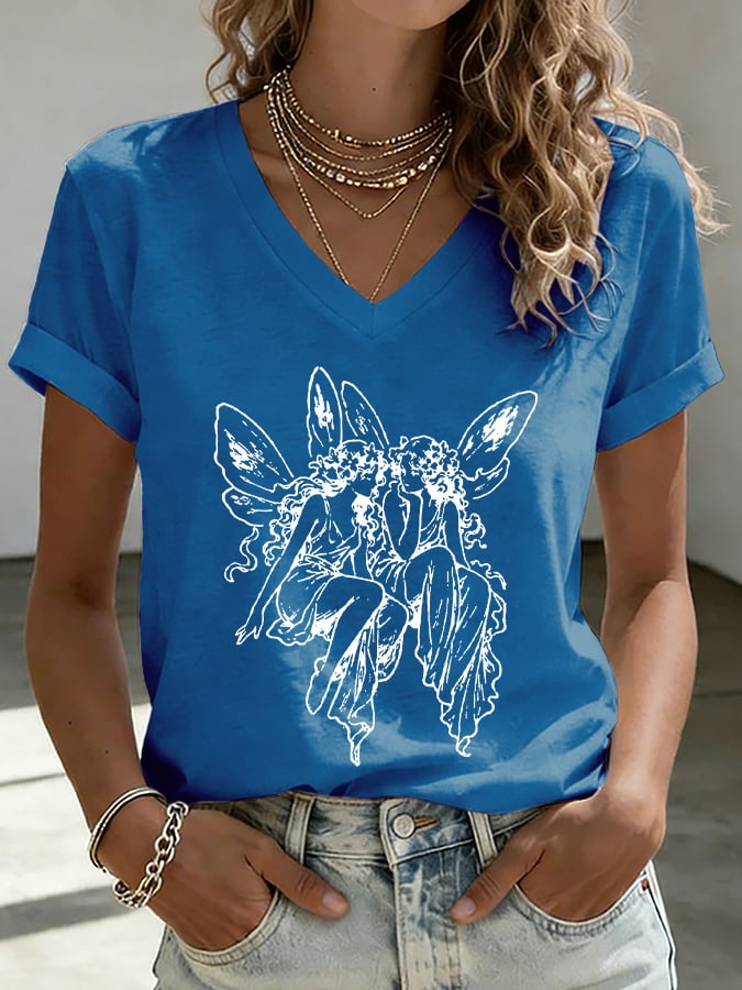 V-Neck Retro Medieval Fairy Subtle Lesbian Print T-Shirt