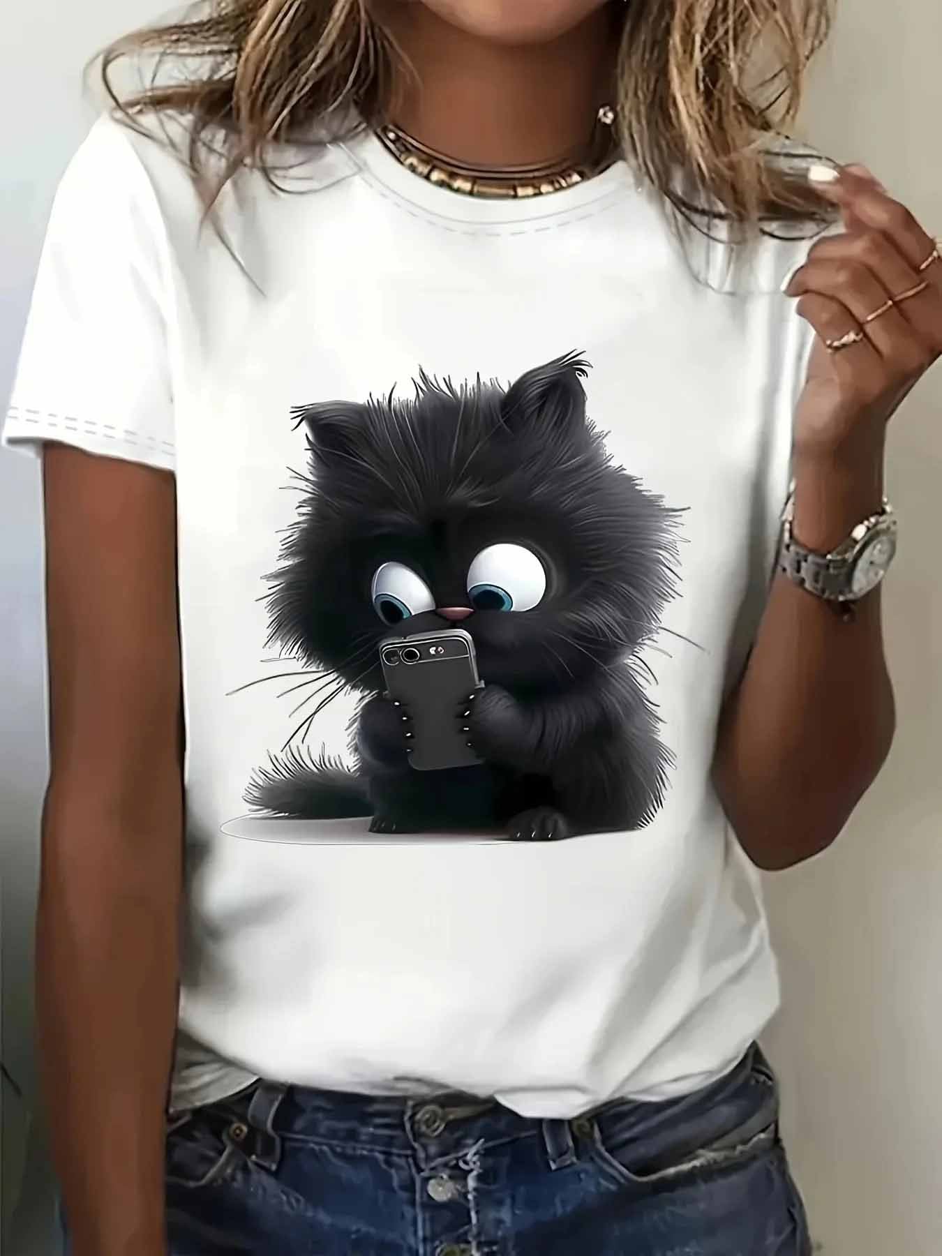 Women's Retro Scroll Addict Cat Print T-Shirt