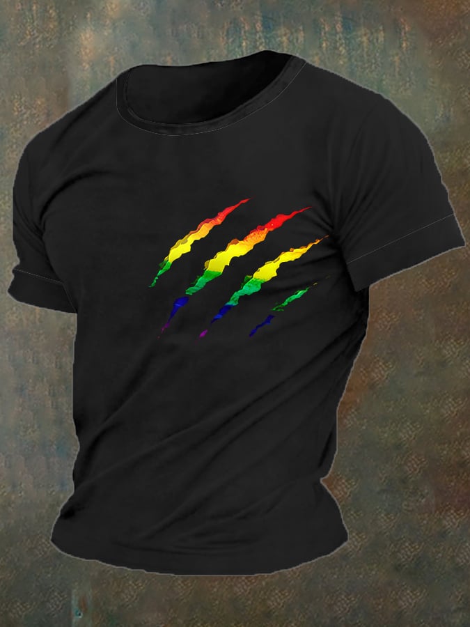 Men's Rainbow Bear Paw Print Casual T-Shirt