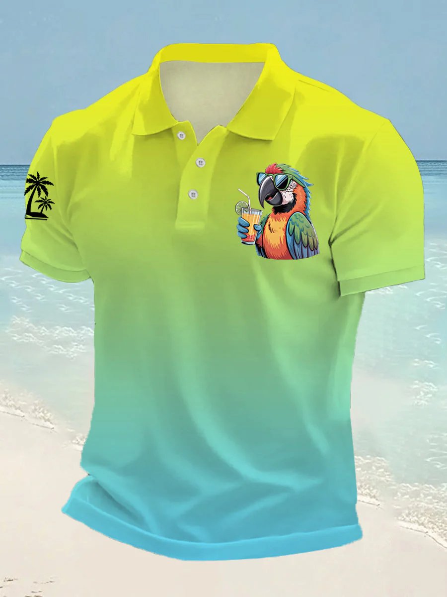 Men's Retro Parrot Vacation Hawaiian Print Polo Shirt
