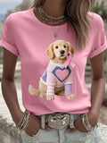 Women's Pink Dog Pink Ribbon Breast Cancer Awareness Print Round Neck T-Shirt