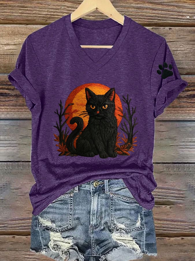 Women's Casual Vintage Black Cat Print T-Shirt