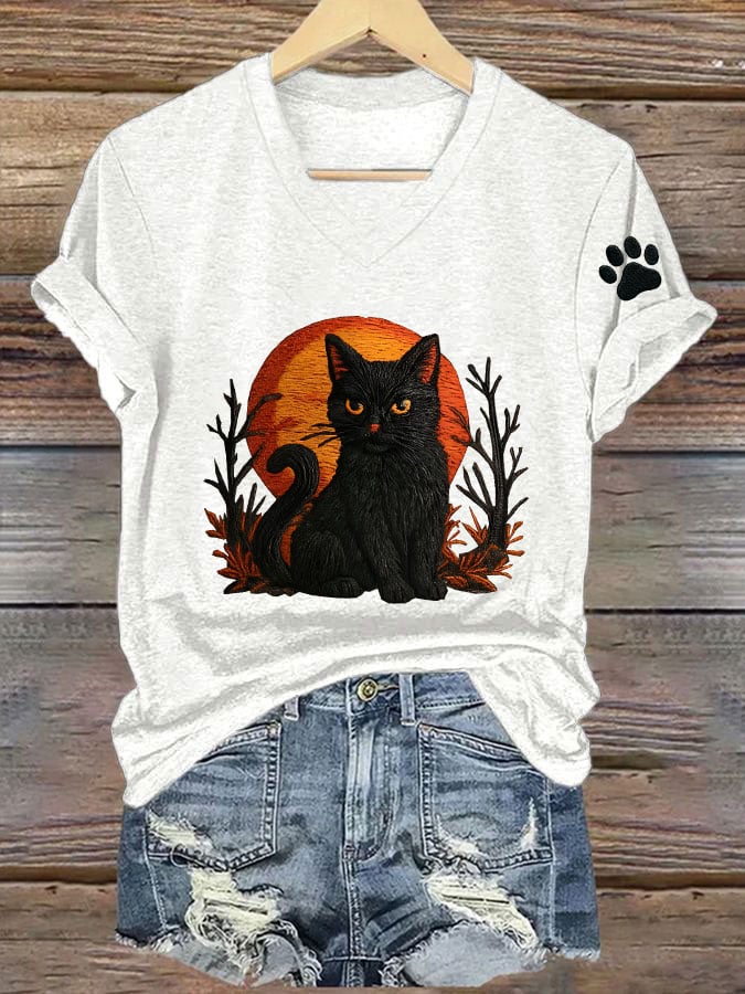 Women's Casual Vintage Black Cat Print T-Shirt