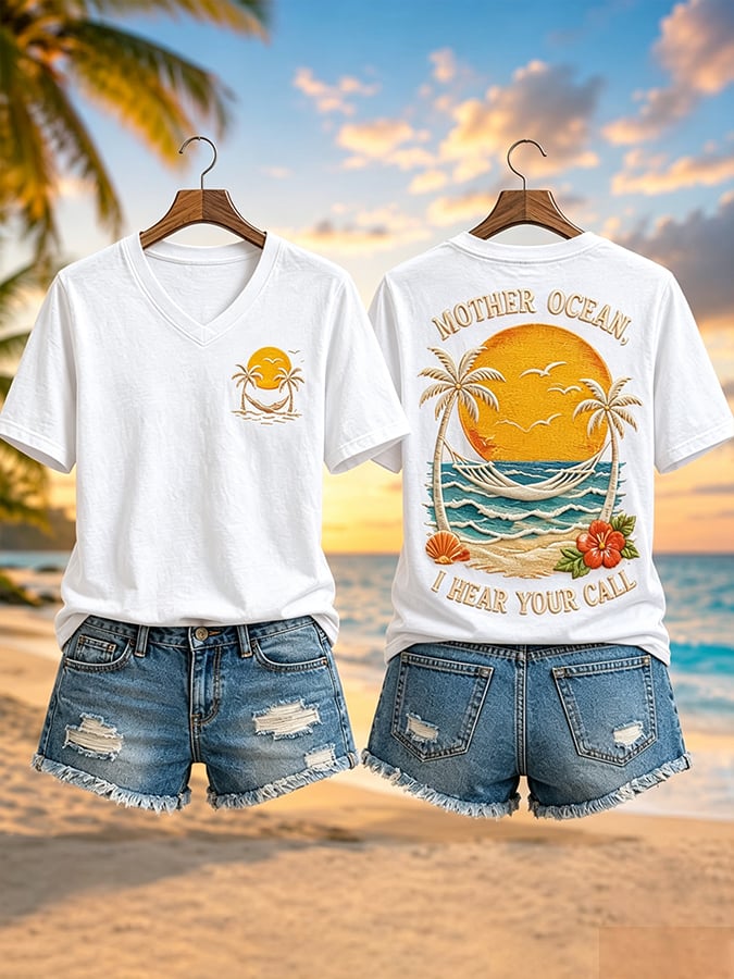 Women's Mother Ocean I Have Heard You Call Print V Neck T-Shirt