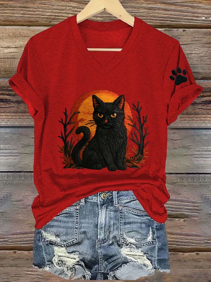 Women's Casual Vintage Black Cat Print T-Shirt