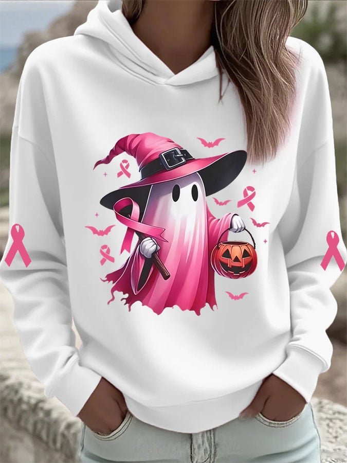 Women's Breast Cancer Cute Ghost Print Hooded Sweatshirt