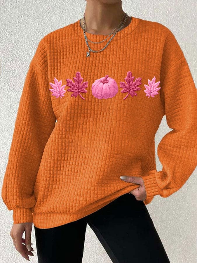 Women's casual pink pumpkin maple leaf checkered sweatshirt