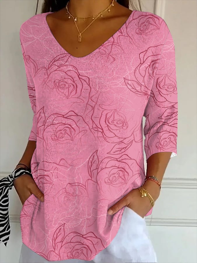 Women's Summer Pink Floral Long T-Shirt Top