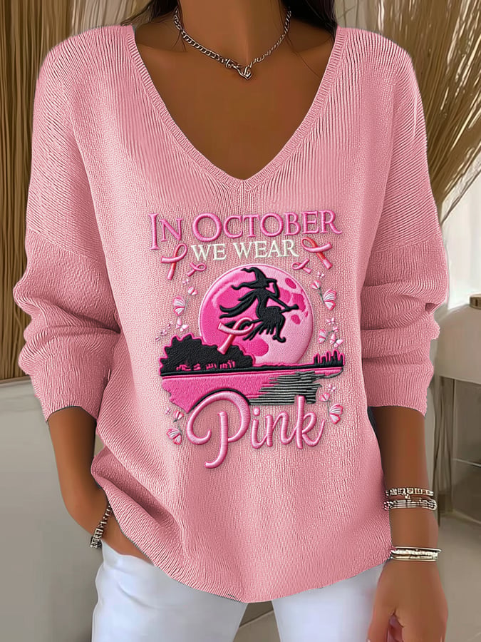 Women's Casual We Wear Pink Witch Pit Stripe Long Sleeve Top In October