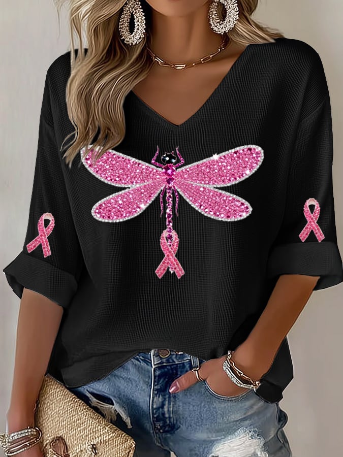 Women's Casual Pink Dragonfly Ribbon Hot-Stitching Rhinestone Print T-Shirt