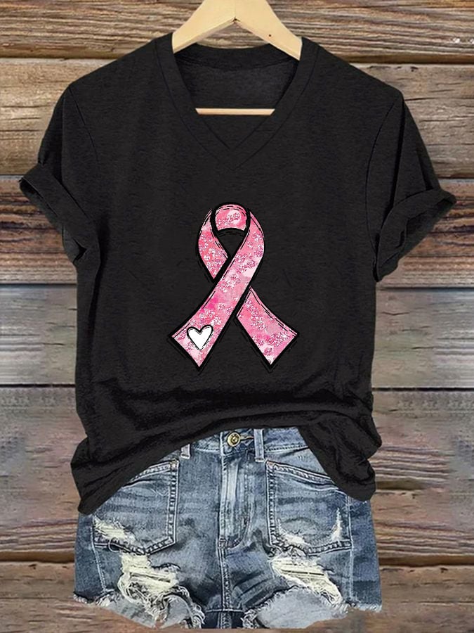 Women's Breast Cancer Awareness Heart Ribbon Print T-Shirt