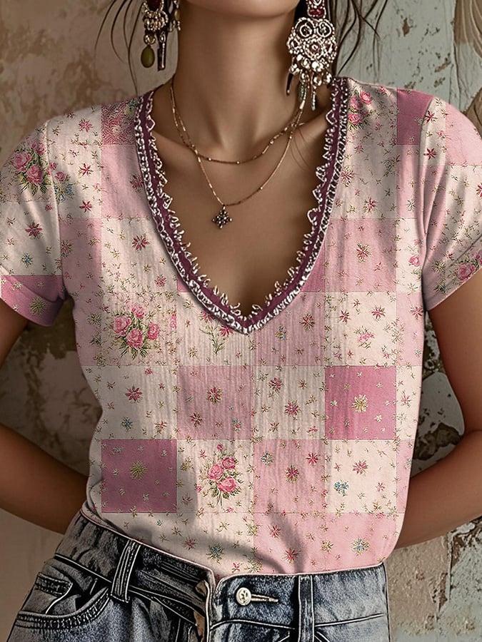 Women's Pink Breast Cancer Art Vintage Design V-Neck Top