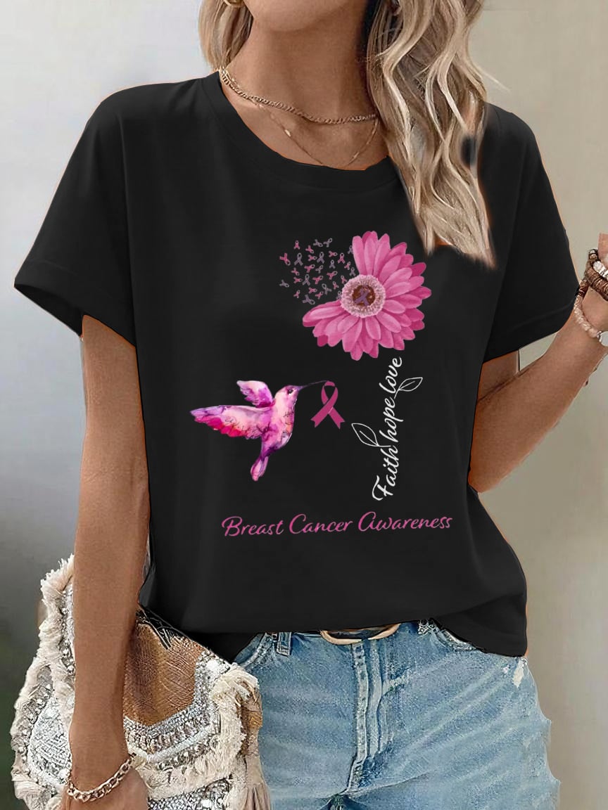 Women's Casual Pink Floral Ribbon Hummingbird T-Shirt