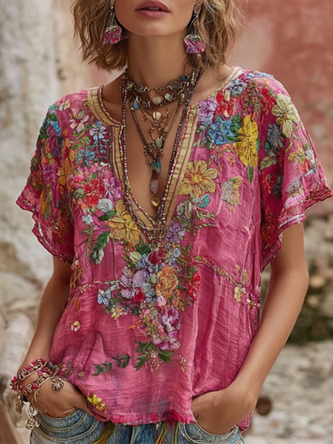 Women's Vintage Pink Floral Art V-Neck Linen Blend T-Shirt
