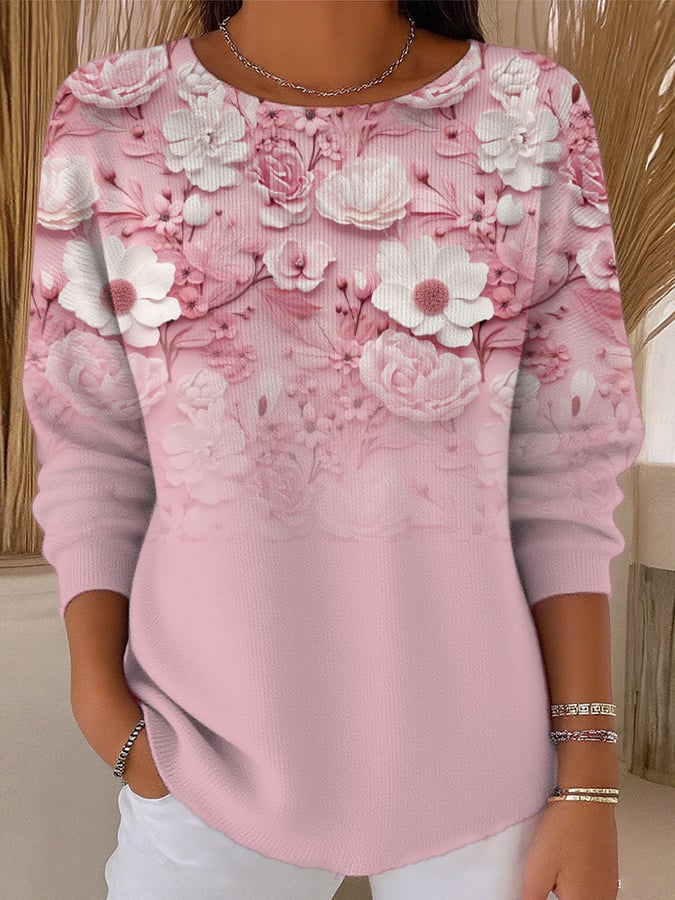 Women's Casual Pink Floral Gradient Texture Long-Sleeved Top