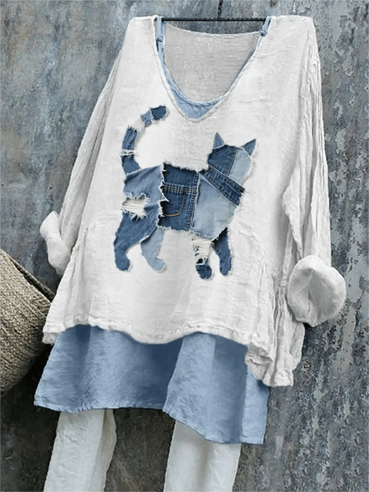 Women's Retro Funny  Animal Cat Print Top