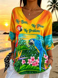 Women's Retro Vacation Hawaiian Print Mid Sleeve T-Shirt