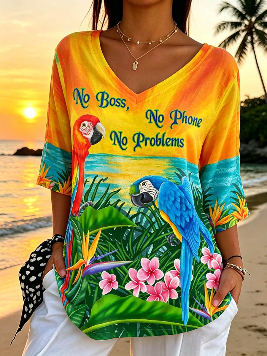 Women's Retro Vacation Hawaiian Print Mid Sleeve T-Shirt
