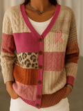 Women's Breast Cancer Patchwork Knitting Print Cardigan