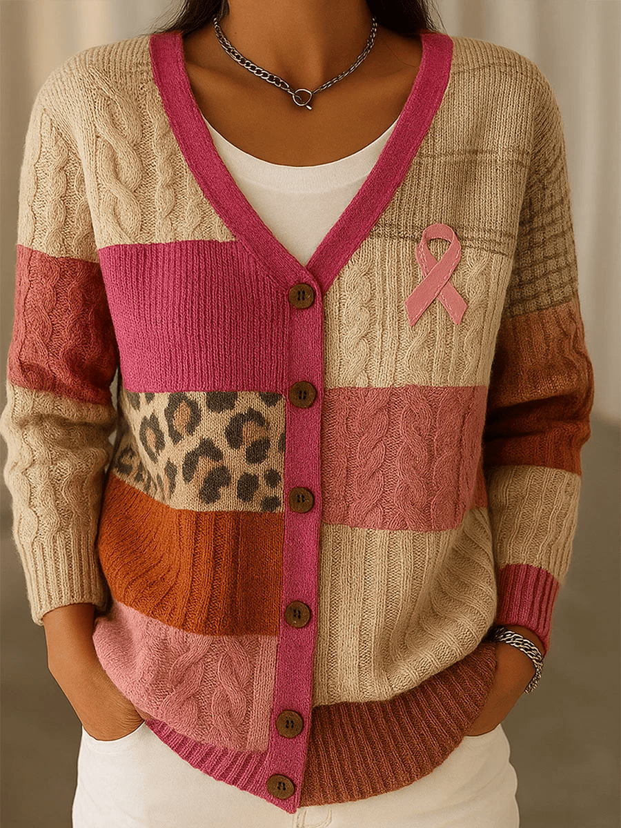 Women's Breast Cancer Patchwork Knitting Print Cardigan