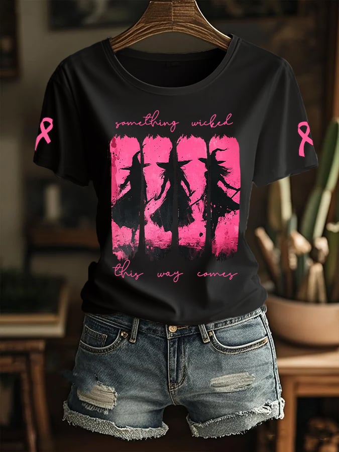 Women's Something Wicked This Way Comes Breast Cancer Awareness Printed T-Shirt