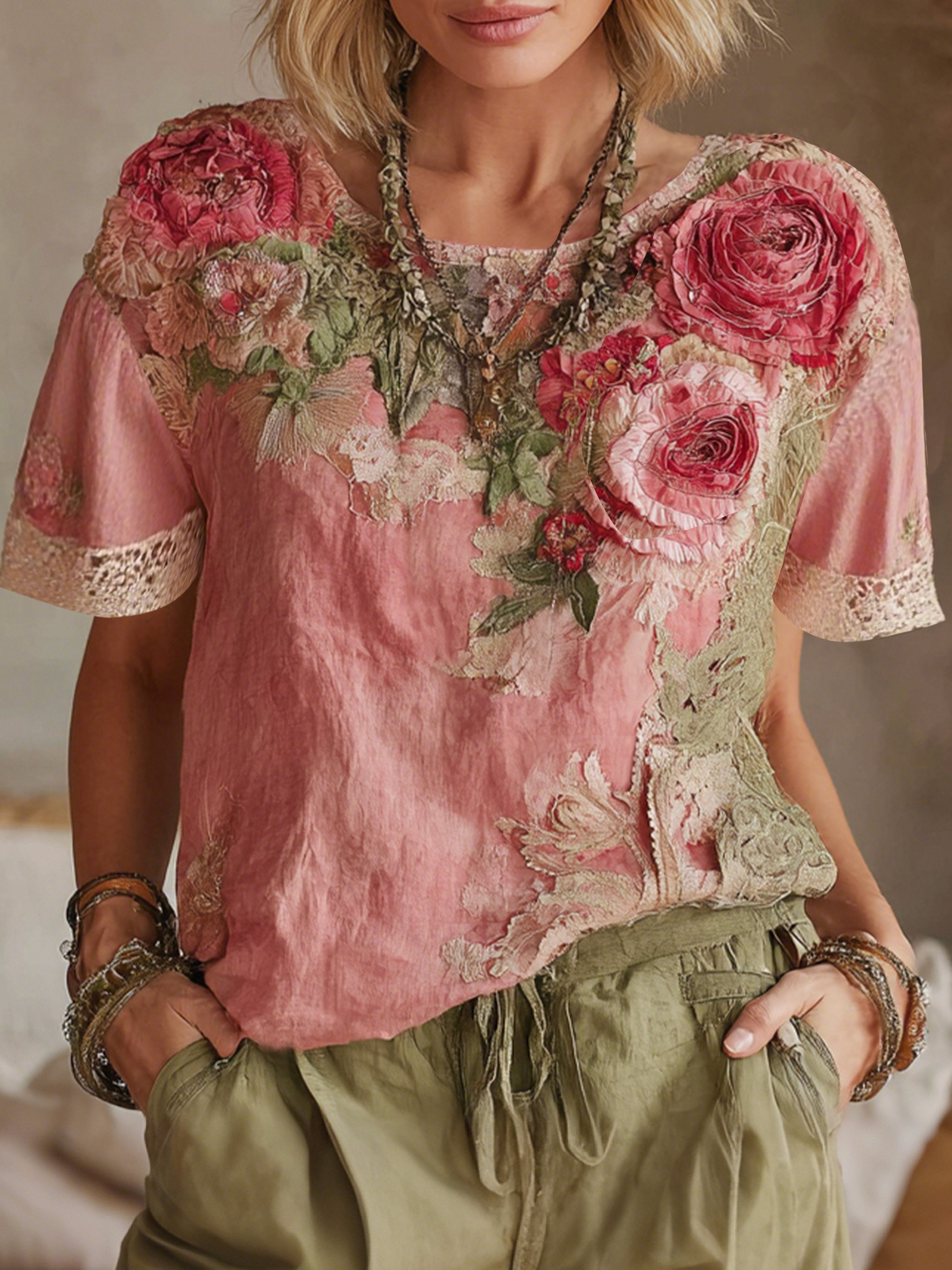 Ladies Summer Washed Wrinkled Romantic Rose Imitation Embroidery Lace Printed Casual Tops