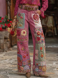 Women's Vintage Pink Floral Art Wide-Leg Pants