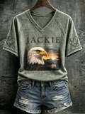 V Neck Retro Jackie Forever Our Queen Print T-Shirt