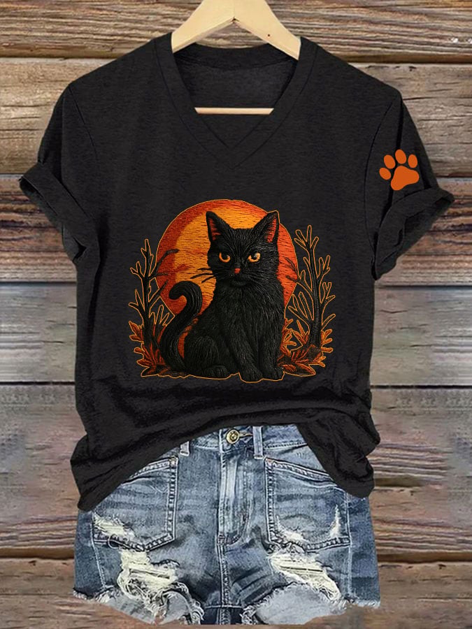 Women's Casual Vintage Black Cat Print T-Shirt