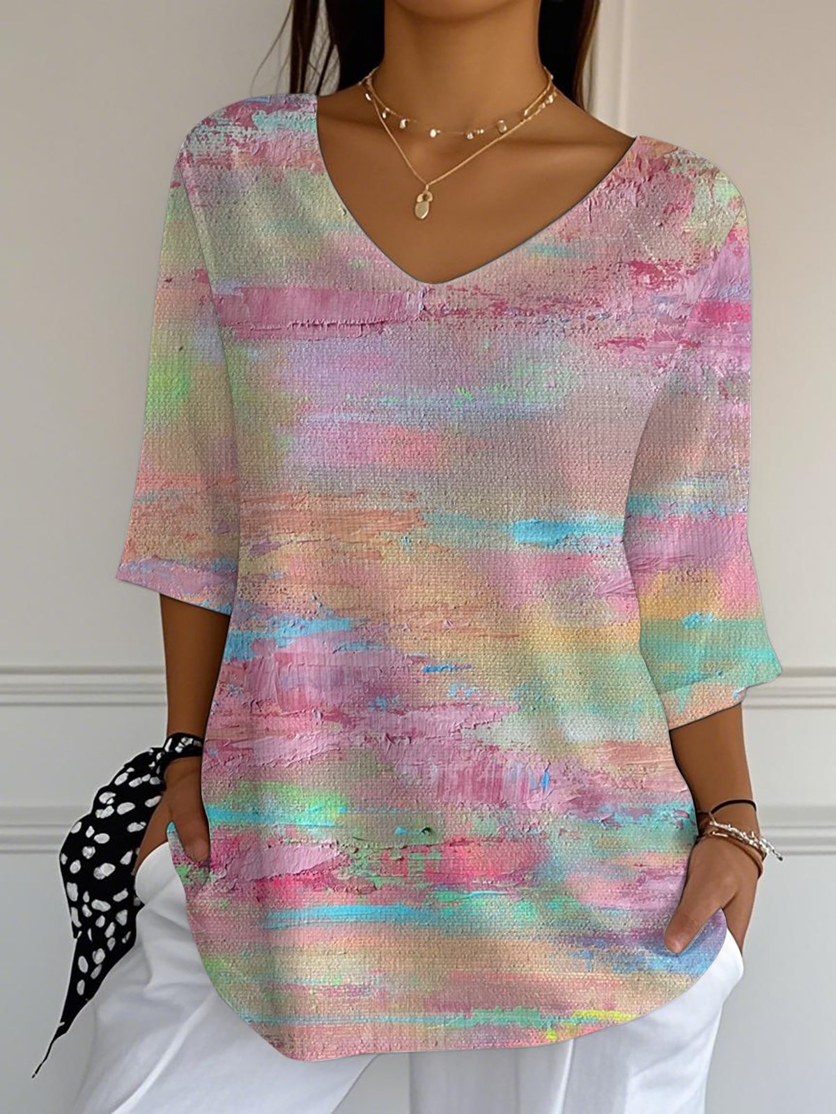 Women's Oil Painting Style Printed Long Striped Casual Top
