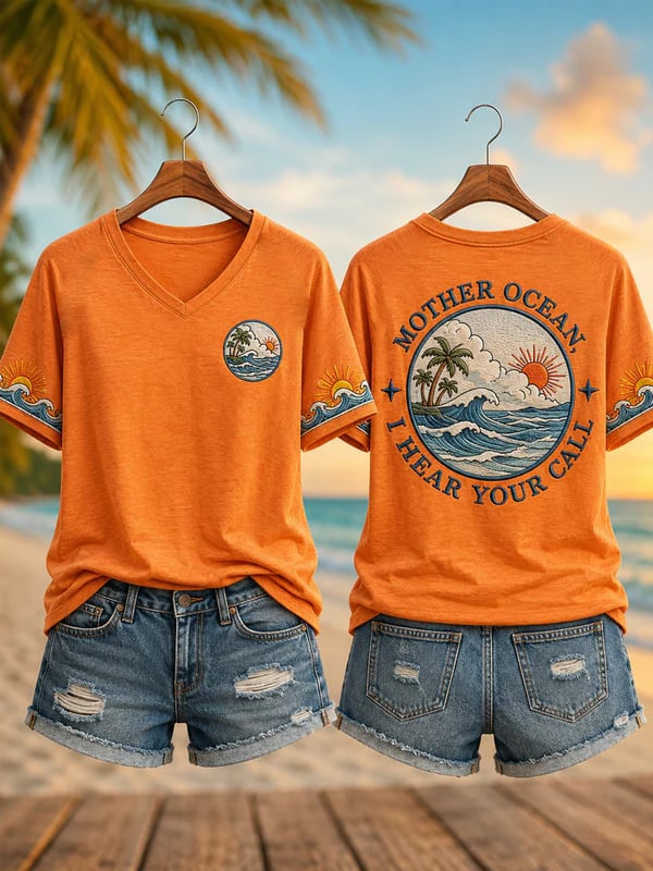 Women's Mother Ocean I Have Heard You Call Print V Neck T-Shirt