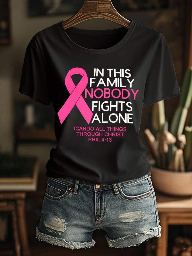 Women's Retro In This Family Nobody Fights Alone Breast Cancer Awareness Print T-Shirt