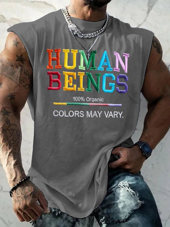 Retro Human Beings 100% Organic Colors May Vary Human Rights Equality Pride Print Tops Tank