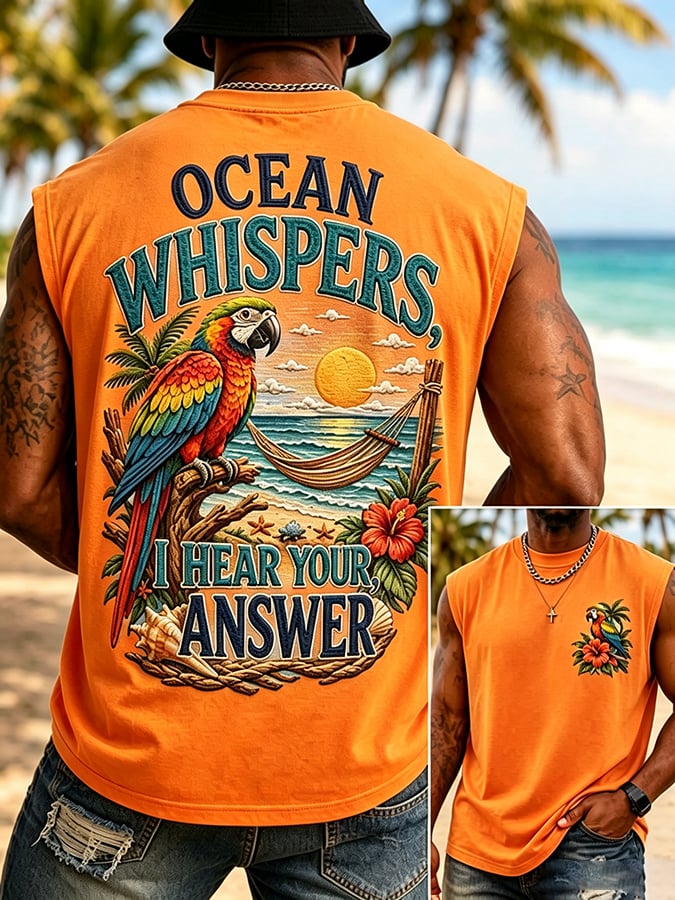 Men's Retro Vacation Ocean Whispers, I Hear Your Answer  Print Round Neck Vest