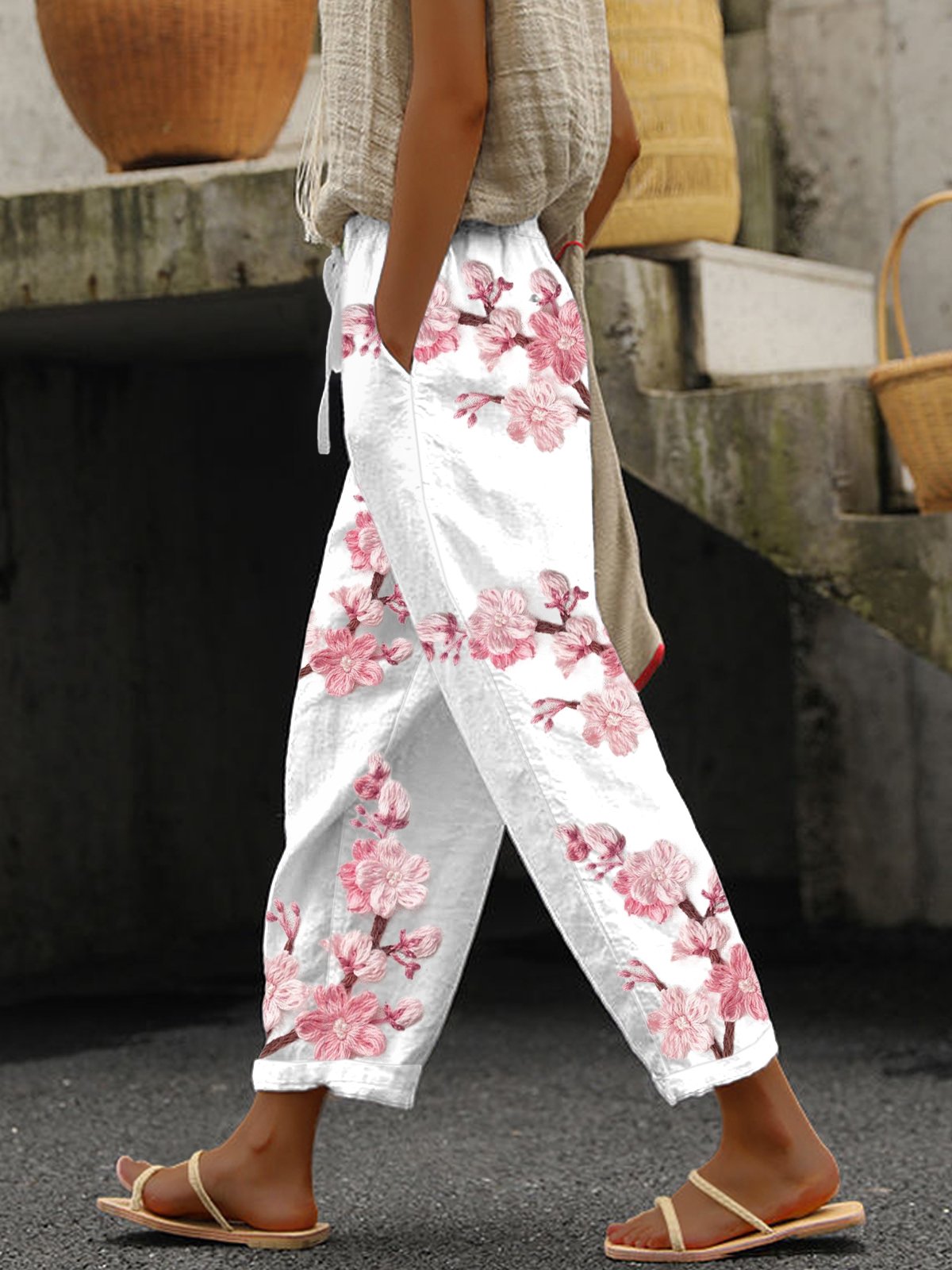 Women's Breast Cancer Pink Flower Print Wide Leg Pants