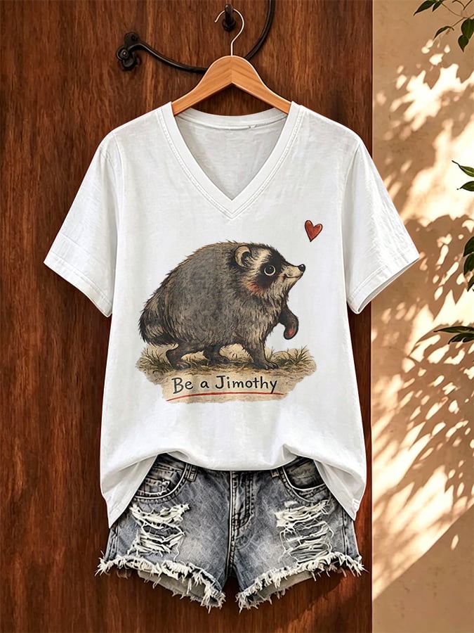 V-Neck Retro Jimothy Raccoon Be A Jimothy Print T-Shirt