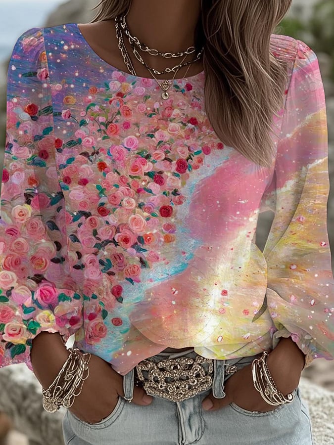 Women's Floral Print Round Neck Long Sleeve Linen Blend Shirt