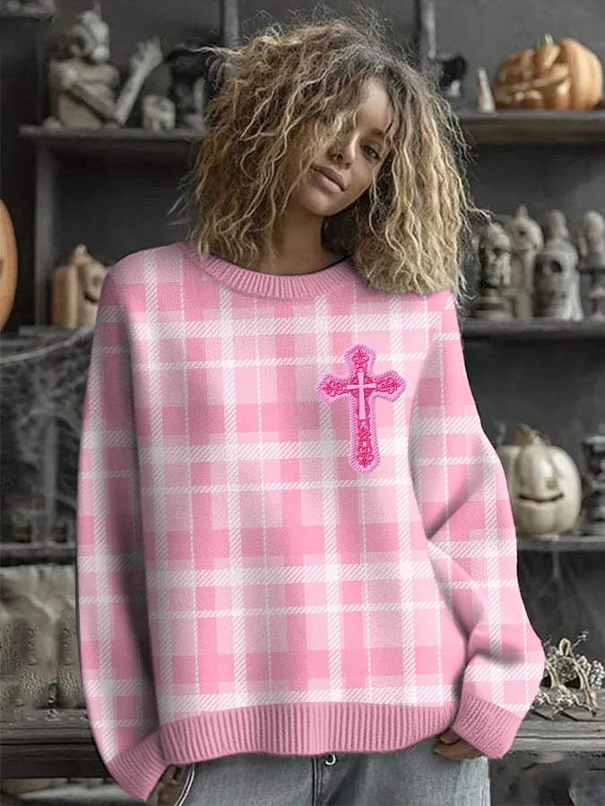 Women'S Casual Pink Plaid Faith Sweater