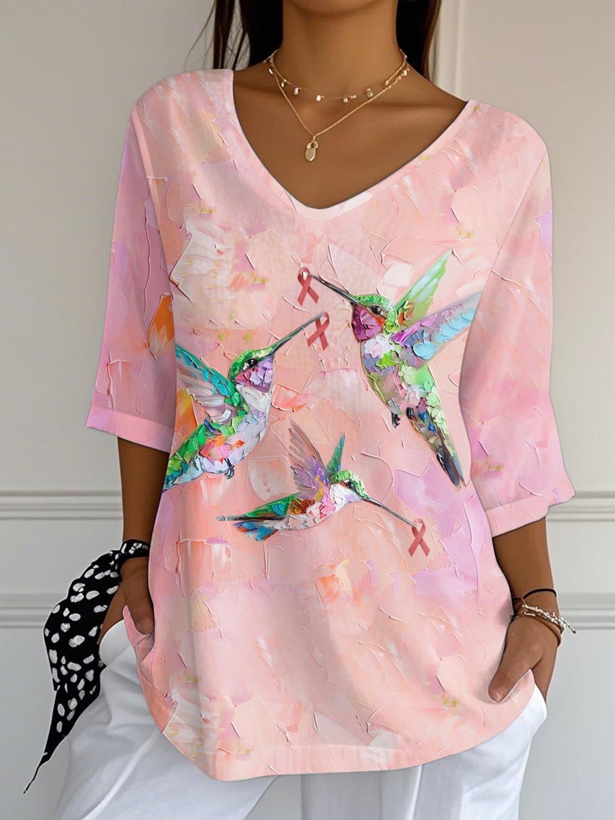 Women's Oil Painting Hummingbird Print Long Top