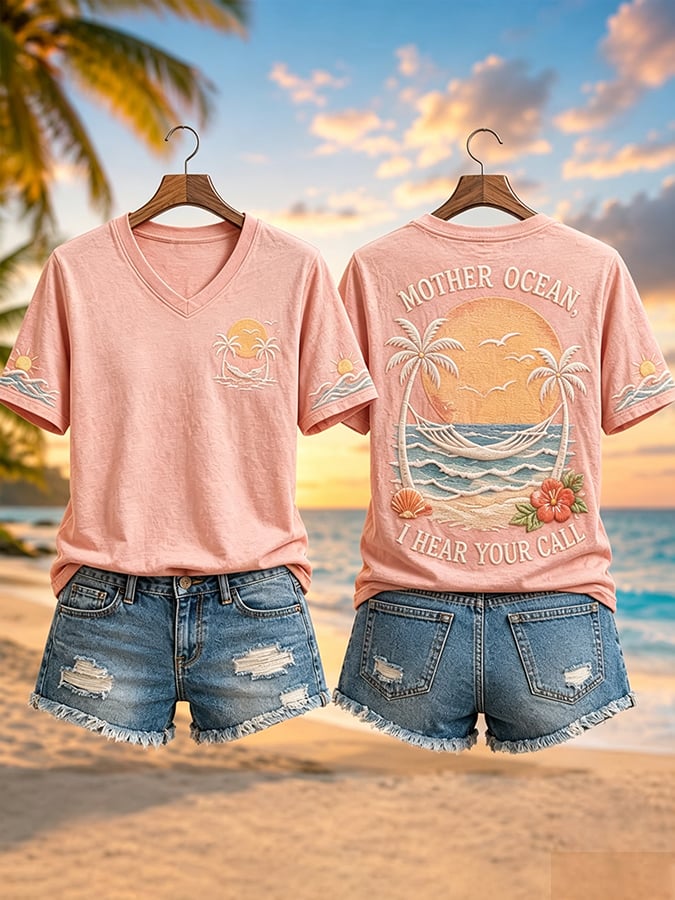 Women's Mother Ocean I Have Heard You Call Print V Neck T-Shirt