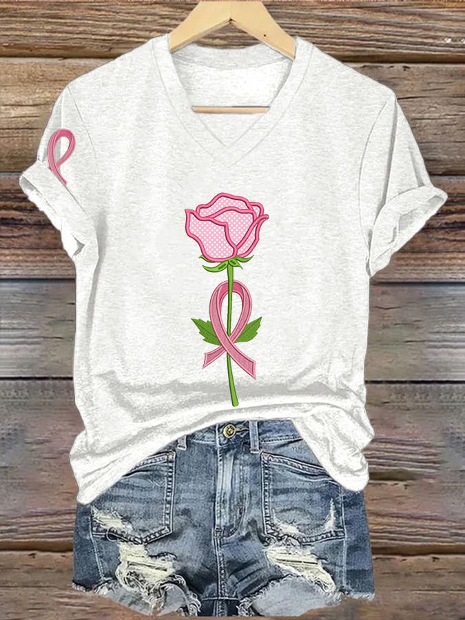 Women'S Casual Breast Cancer Awareness Graphic Print V-Neck Short Sleeve T-Shirt